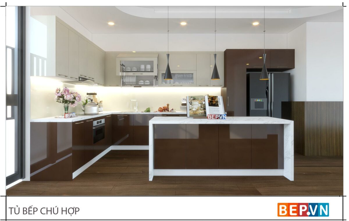 Thiết kế tủ bếp chữ L hiện đại gia đình chú Hợp - Láng Hạ - Hình ảnh 2