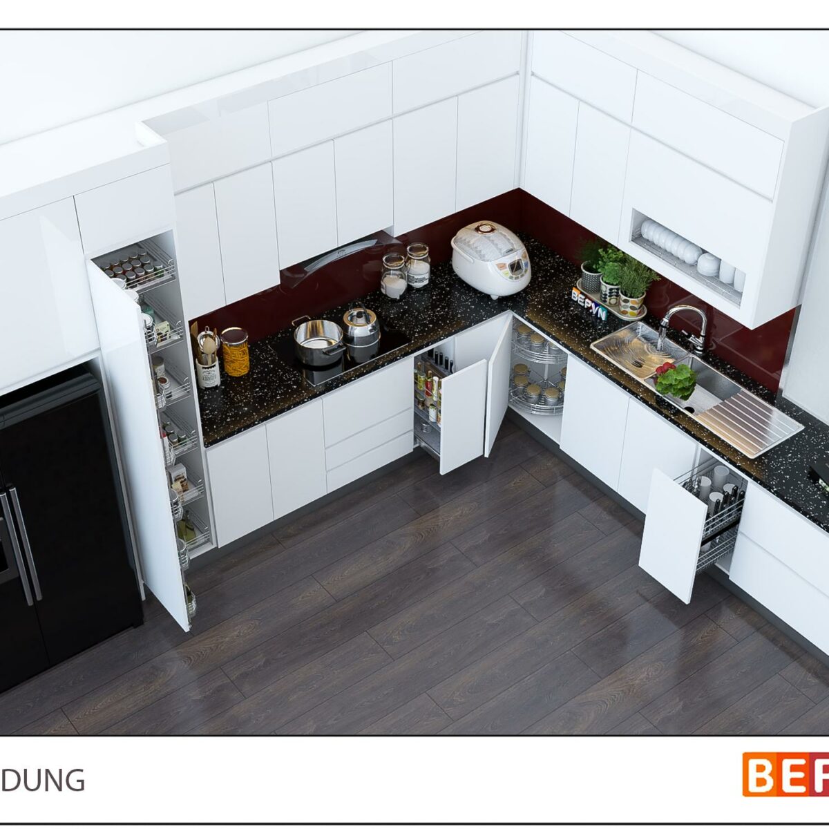 Thiết kế tủ bếp chữ L đẹp tinh tế gia đình cô Dung - Thượng Đình