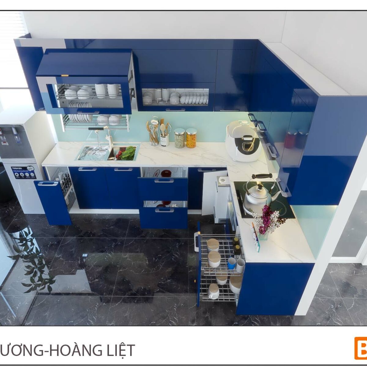 Thiết kế tủ bếp chữ L hiện đại gia đình chị Hương - Hoàng Liệt