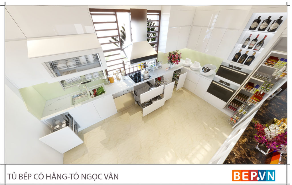 thiết bị tủ bếp chữ L đẹp thanh lịch gia đình cô Hằng