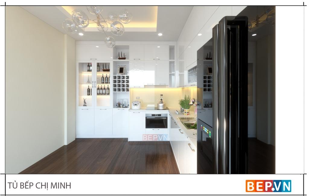 Thiết kế tủ bếp chữ L với gam màu tươi sáng