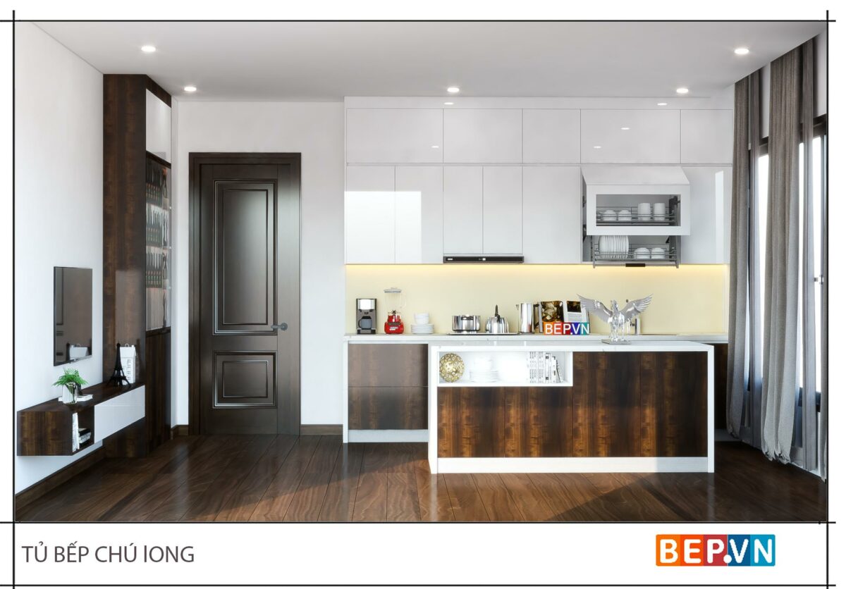 Tủ bếp chữ I kết hợp đảo bếp của gia đình chú Long