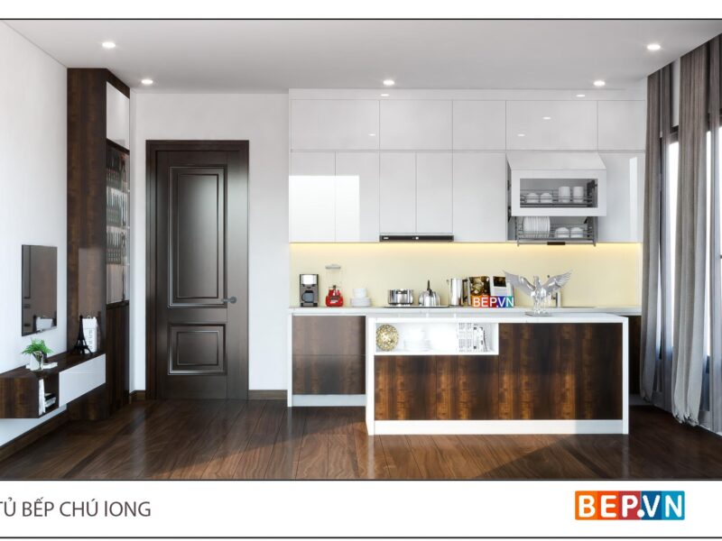 Tủ bếp chữ I kết hợp đảo bếp của gia đình chú Long