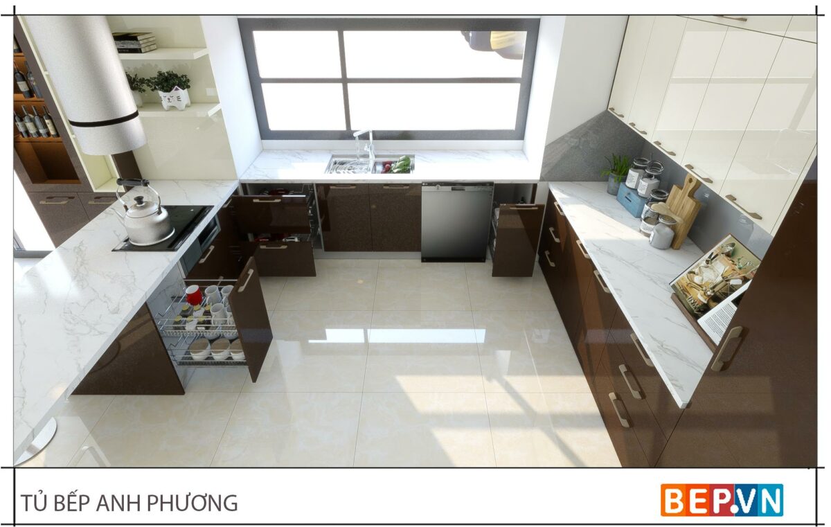 Thiết kế tủ bếp chữ U đẹp hiện đại gia đình anh Phương - Trúc Khê - Hình ảnh 2