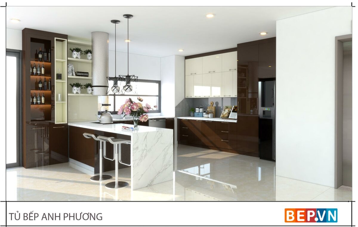 Thiết kế tủ bếp chữ U đẹp hiện đại gia đình anh Phương - Trúc Khê