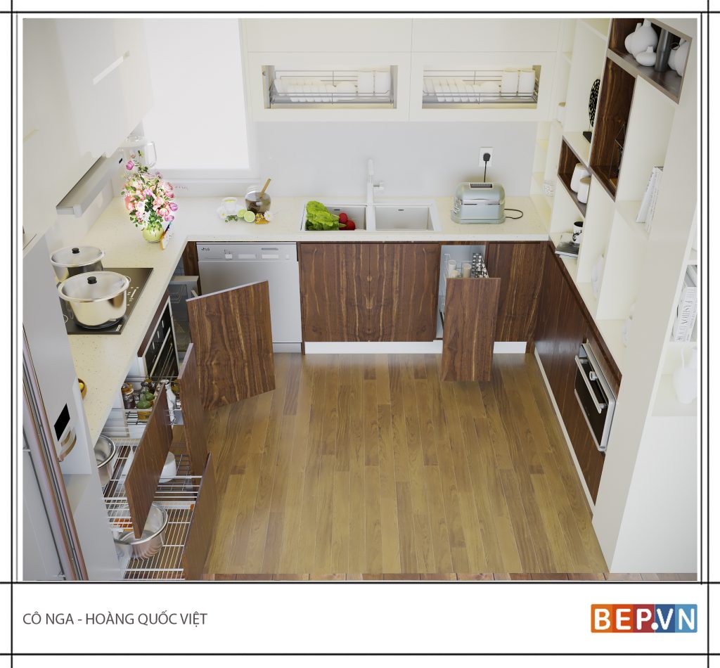 Thiết kế tủ bếp chữ U hiện đại gia đình cô Nga