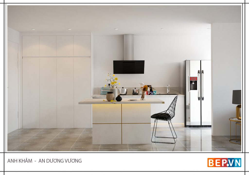 Một không gian bếp sang trọng hiện đại nhờ bàn đảo bếp hiện đại có chức năng của một bàn ăn.