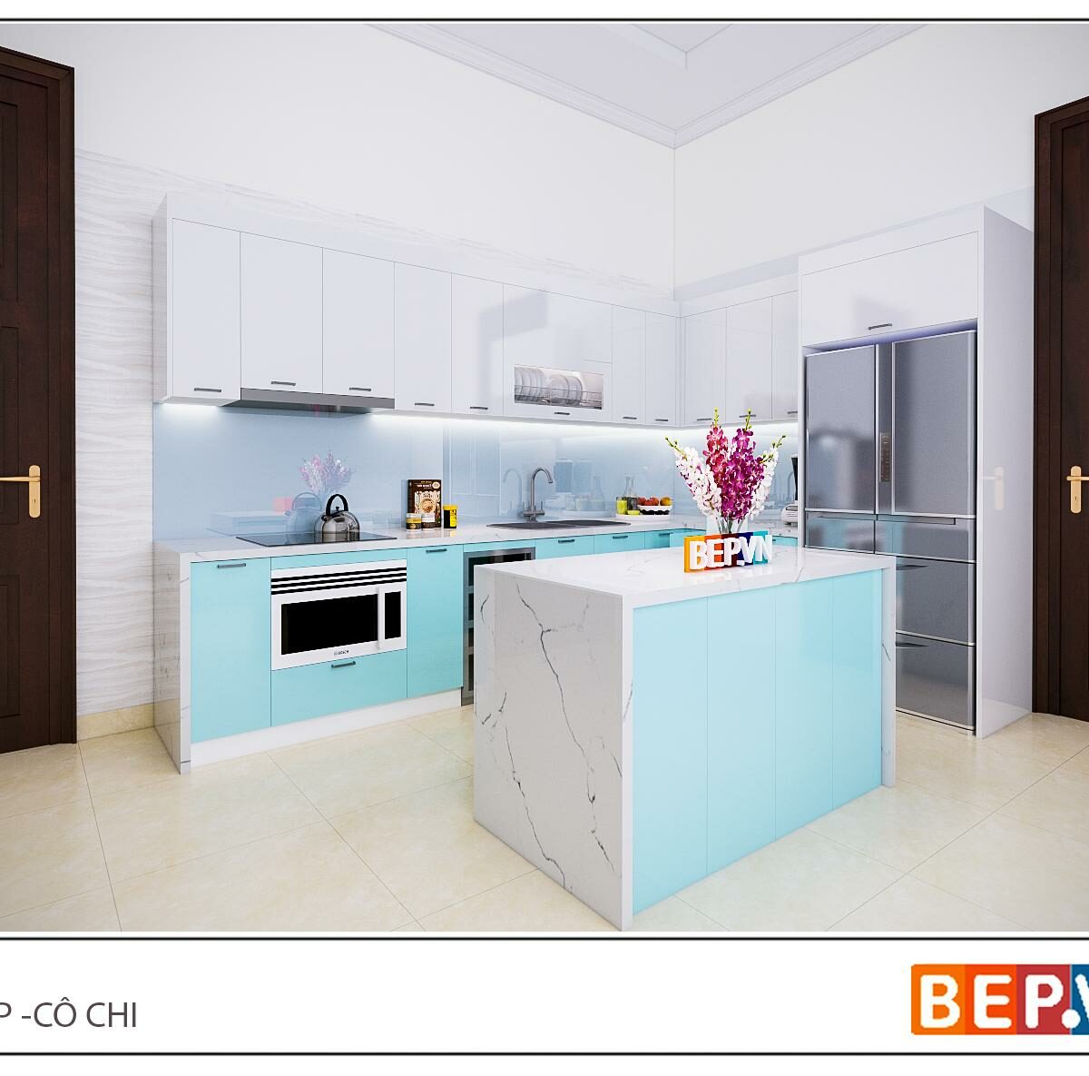 Tủ bếp đảo gia đình cô Chi.