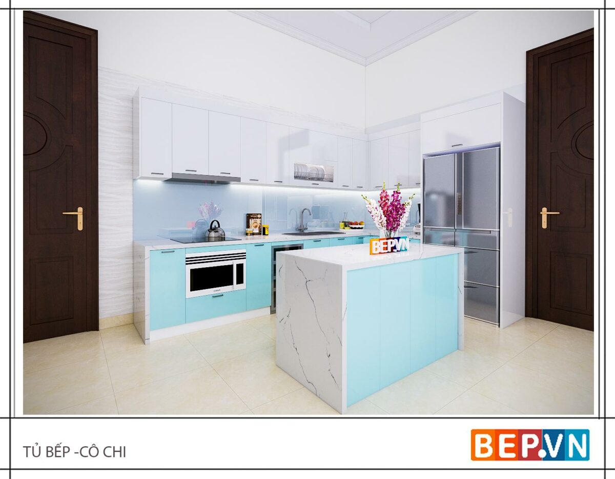 Tủ bếp đảo gia đình cô Chi.