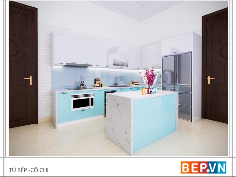Tủ bếp đảo gia đình cô Chi.