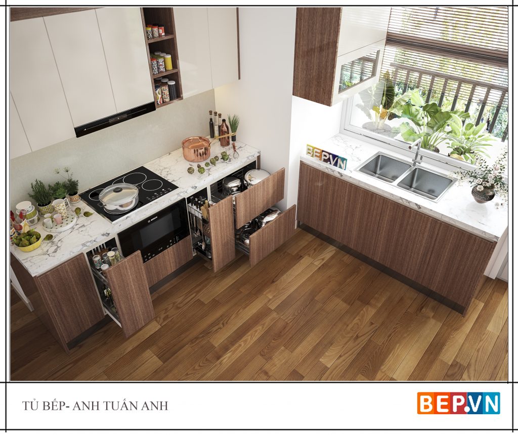 Thùng rác âm tủ giúp bếp gọn gàng