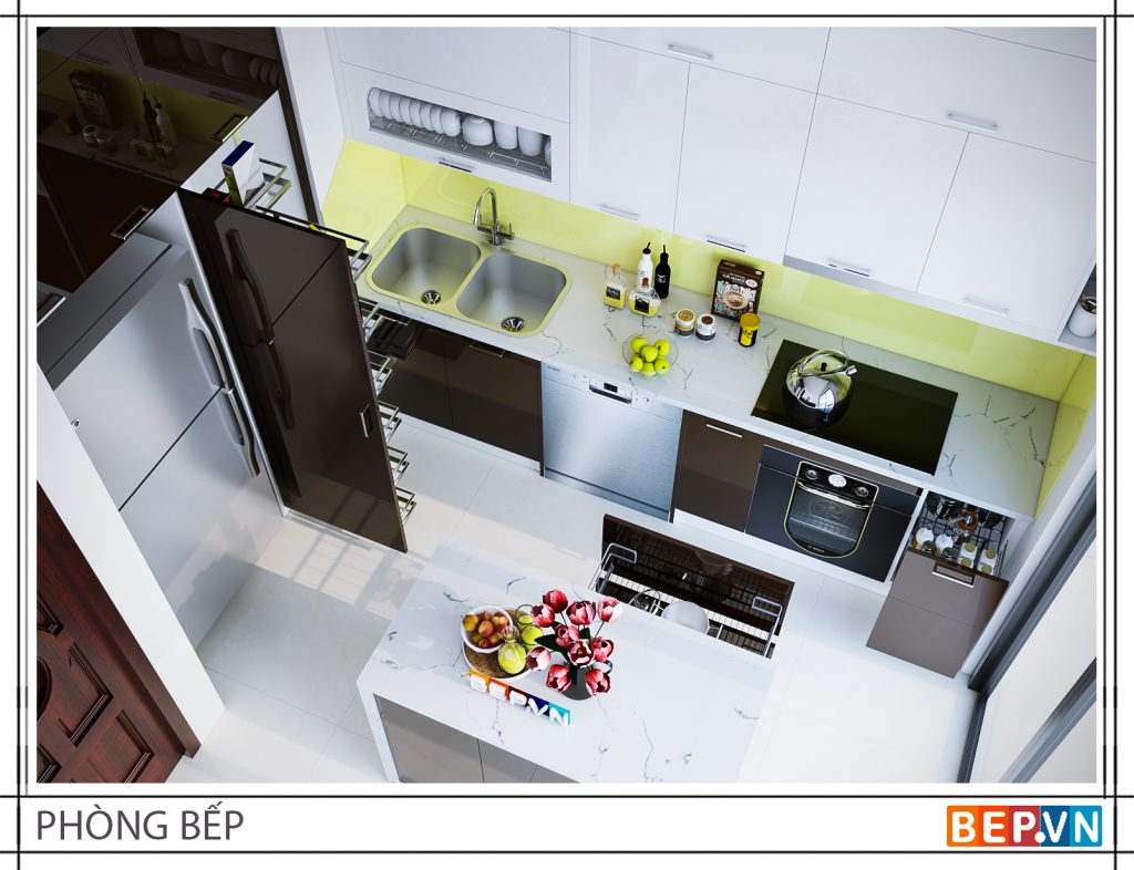 Tủ bếp chữ L kê sát góc tiết kiệm diện tích