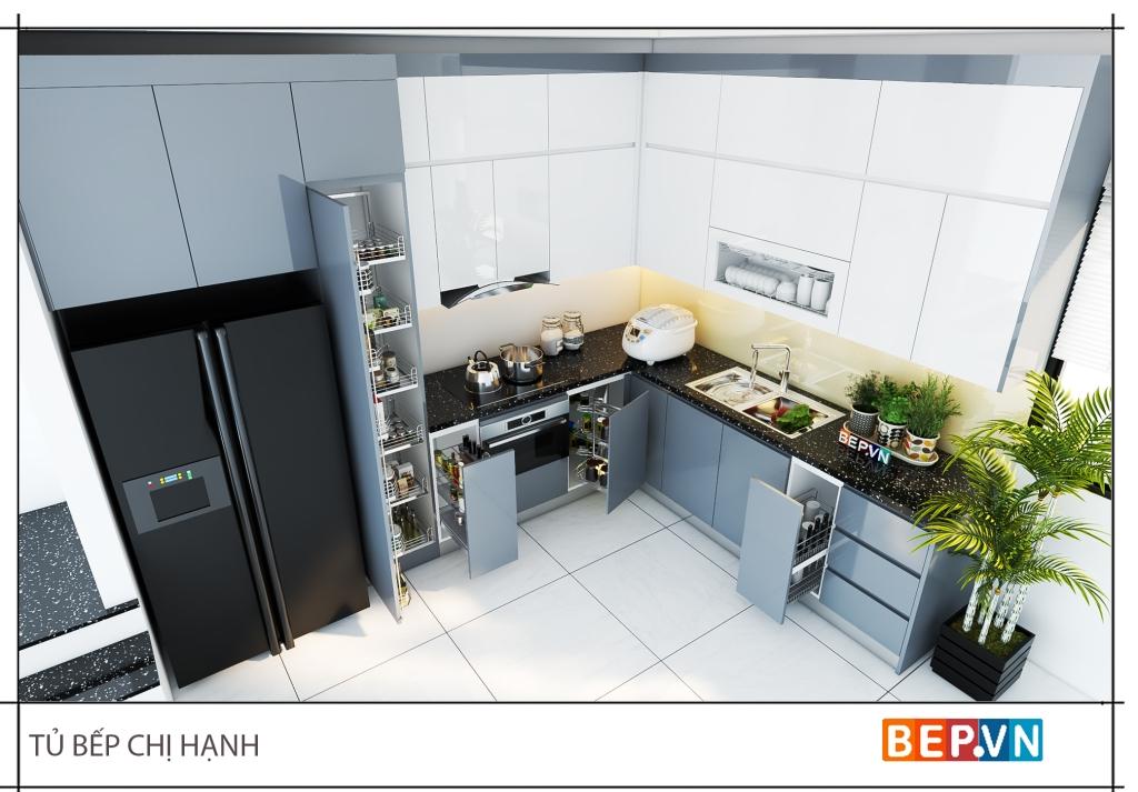 Thiết kế tủ bếp chữ L  có thêm cây xanh cho không gian tươi mát