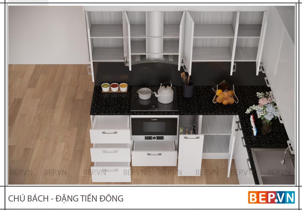 Thiết kế tủ bếp inox cánh Acrylic hiện đại tiện nghi