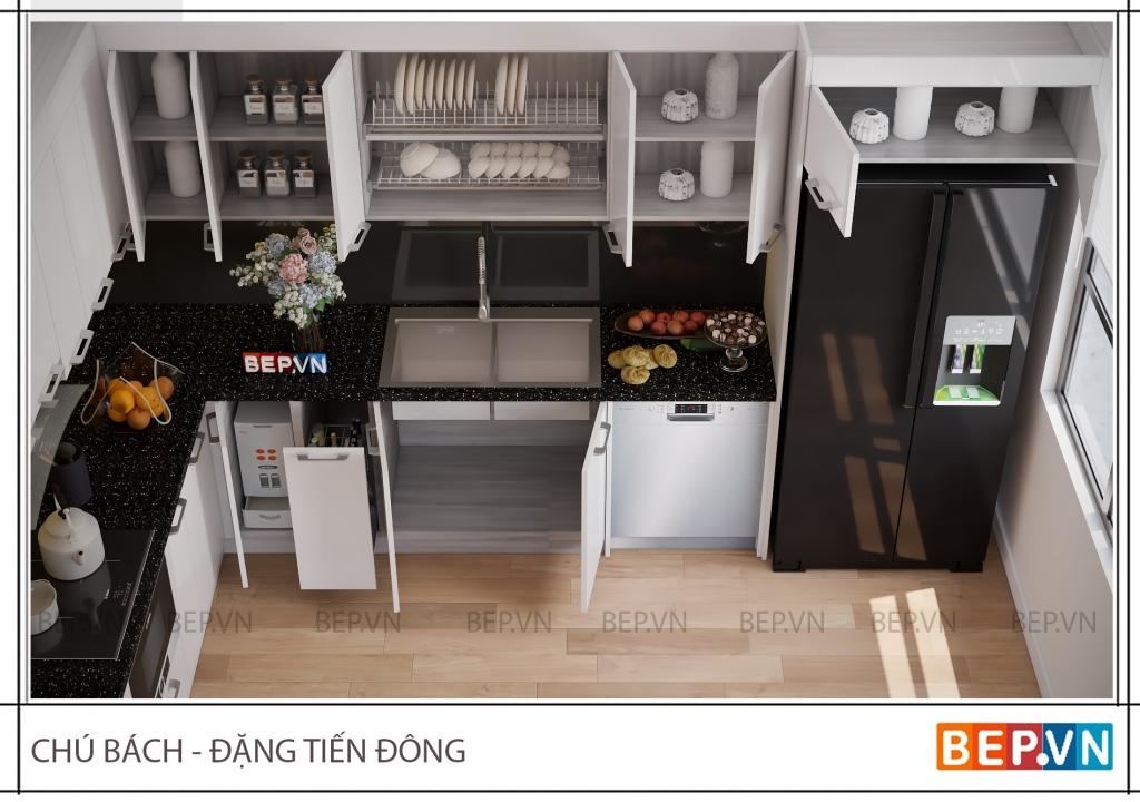 Thiết kế tủ bếp inox cánh Acrylic hiện đại tiện nghi