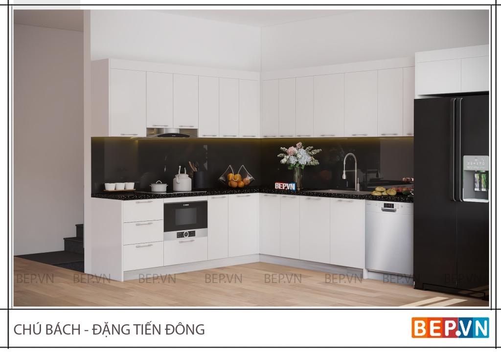 Thiết kế tủ bếp inox cánh Acrylic hiện đại tiện nghi