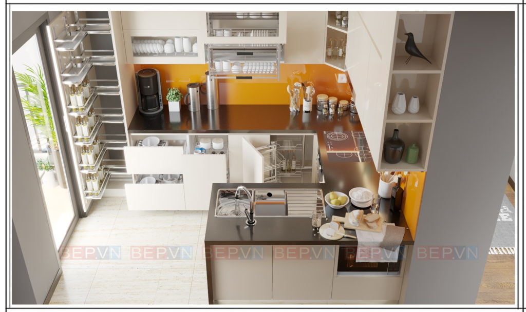 Thiết kế tủ bếp chữ U hiện đại, tiện nghi