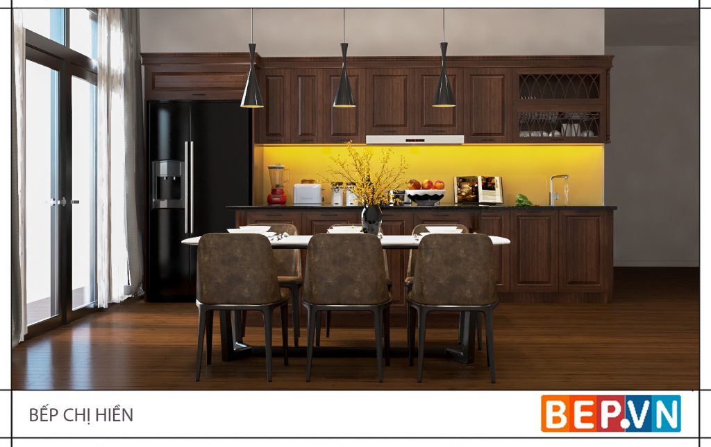Thiết kế tủ bếp gỗ tự nhiên chữ I Tủ bếp gỗ tự nhiên chữ I với đường nét tinh tế
