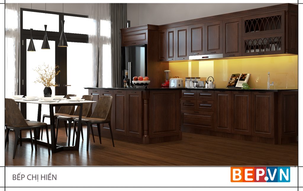 Tủ bếp gỗ tự nhiên kết hợp bàn ăn Thiết kế tủ bếp gỗ tự nhiên có thể kết hợp bàn ăn