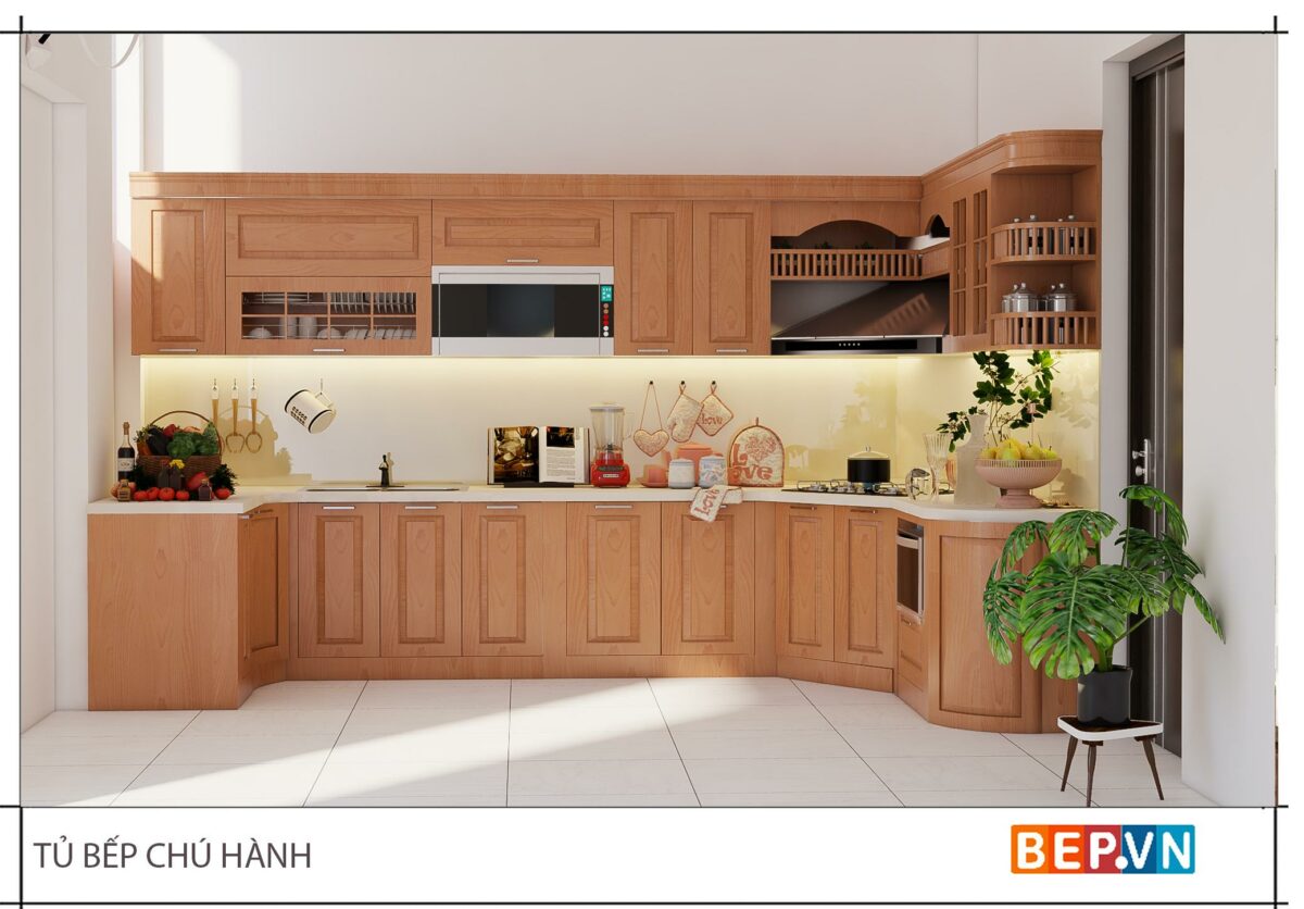 Tủ bếp gỗ Sồi Mỹ chữ L gia đình chú Hành - Hình ảnh 2