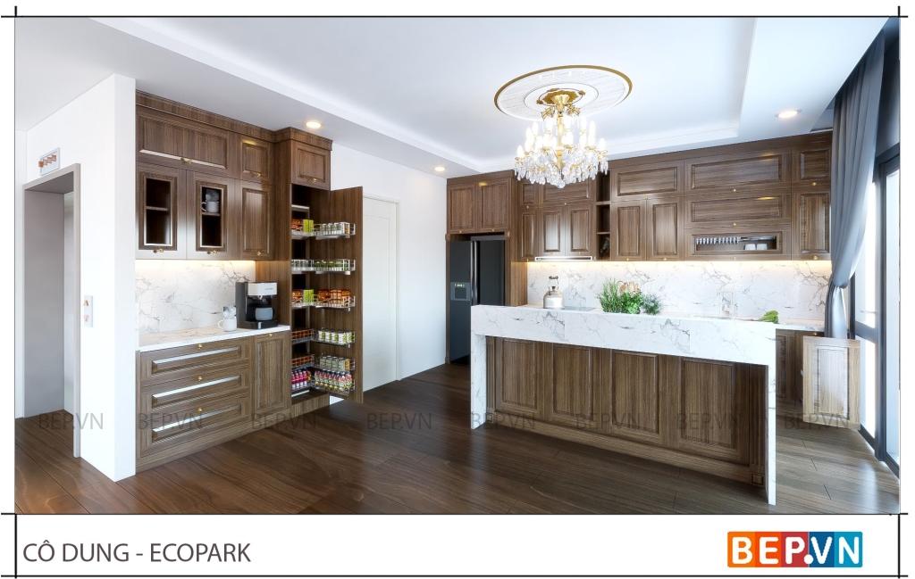 tủ bếp gỗ tự nhiên sang trọng ấm cúng của gia đình cô Dung Ecopark