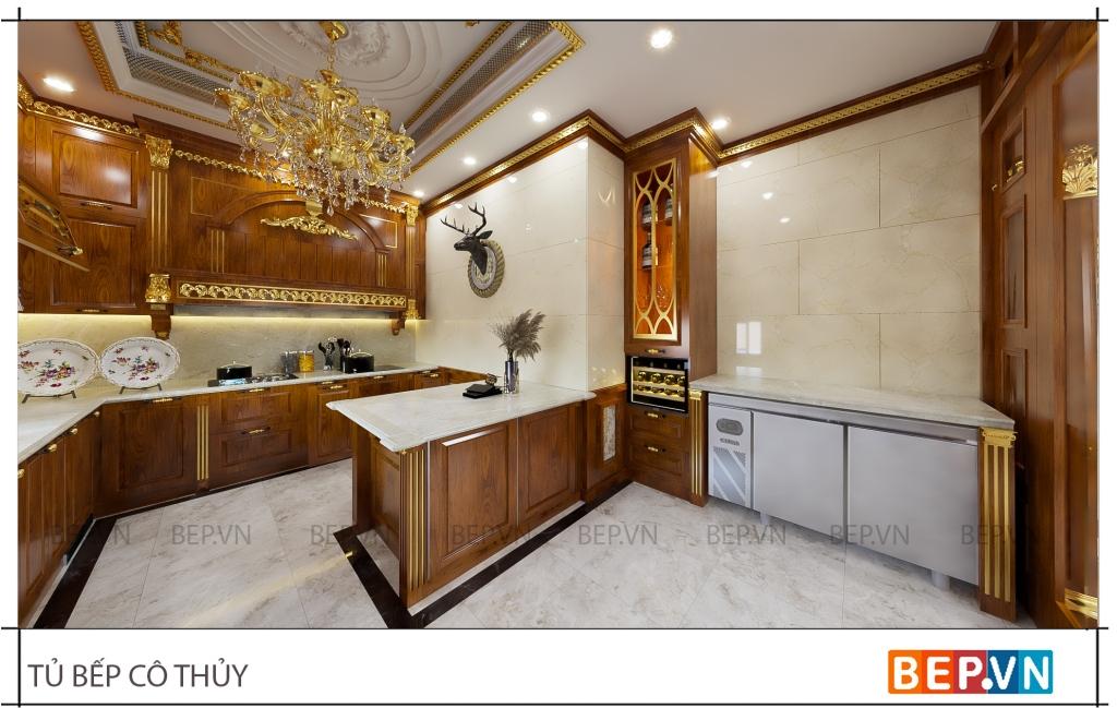 thiết kế tủ bếp gỗ tự nhiên sang trọng cho biệt thự