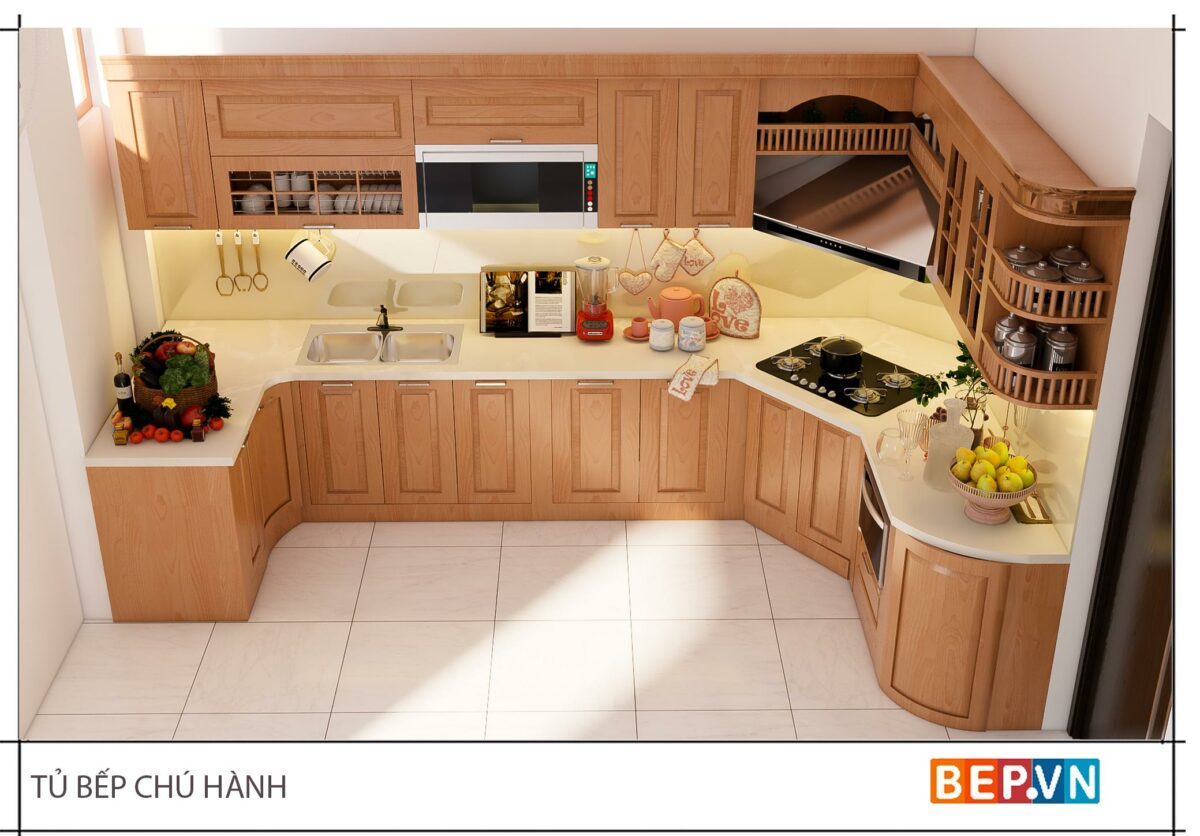 Tủ bếp gỗ Sồi Mỹ chữ L gia đình chú Hành