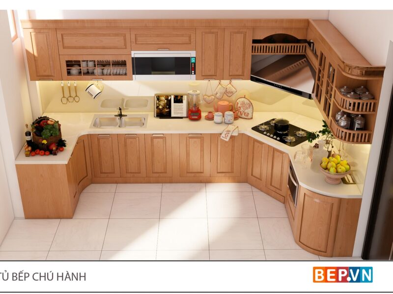 Tủ bếp gỗ Sồi Mỹ chữ L gia đình chú Hành