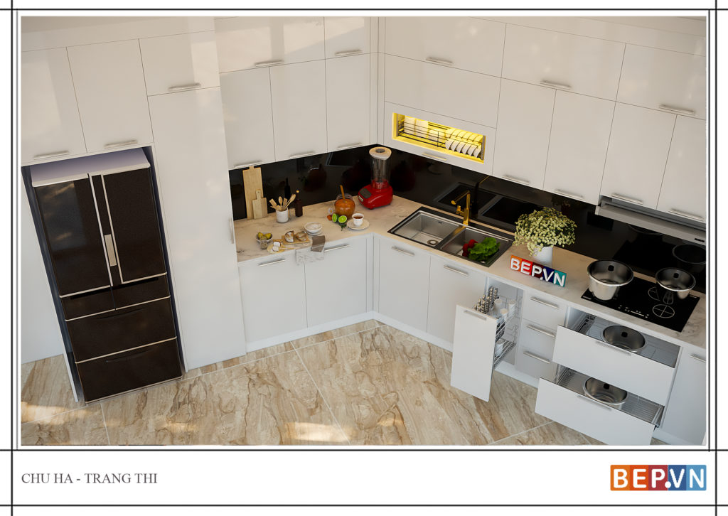thiết kế tủ bếp chữ L hiện đại gia đình chú Hà