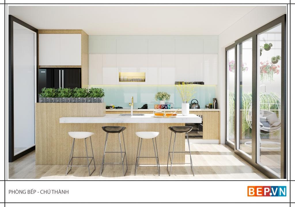 Thiết kế đảo bếp xanh cho phòng bếp ngập tràn ánh nắng