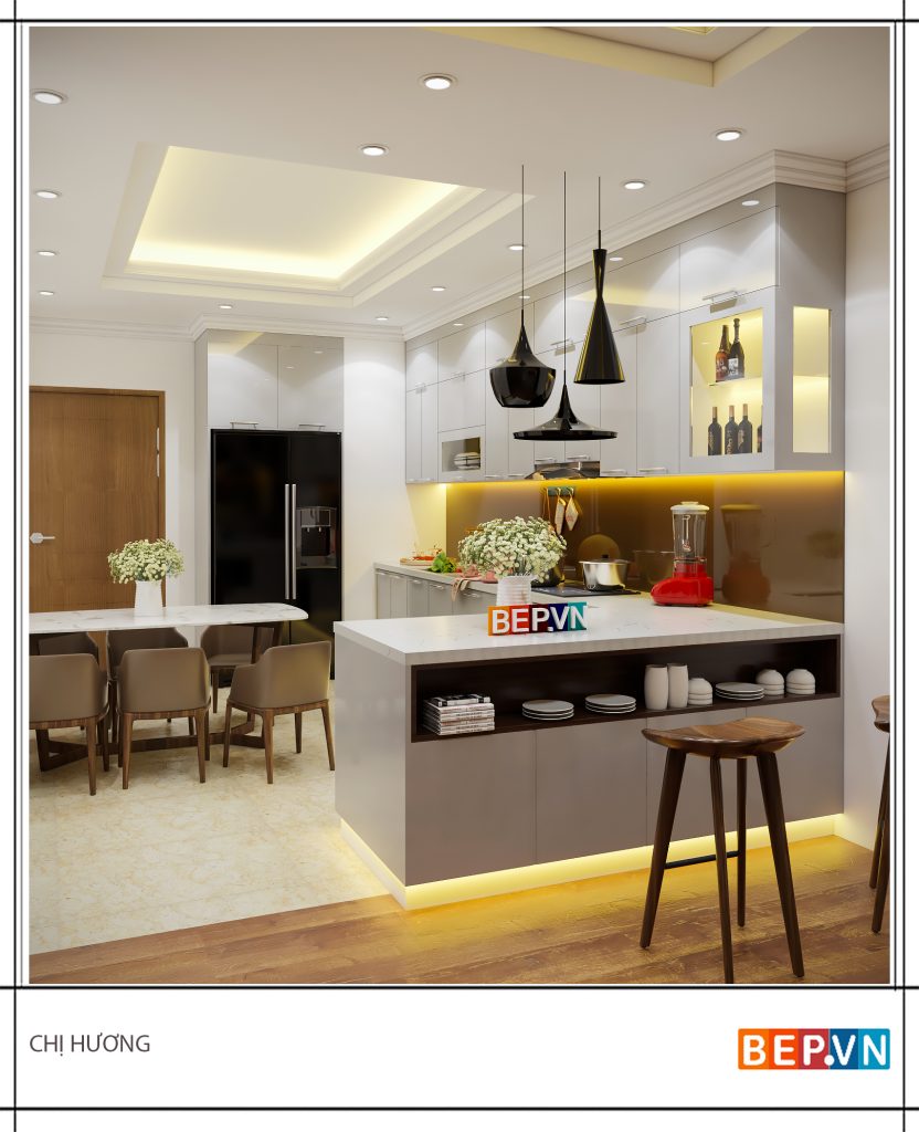 Mẫu tủ bếp có quầy Bar hiện đại kịch trần