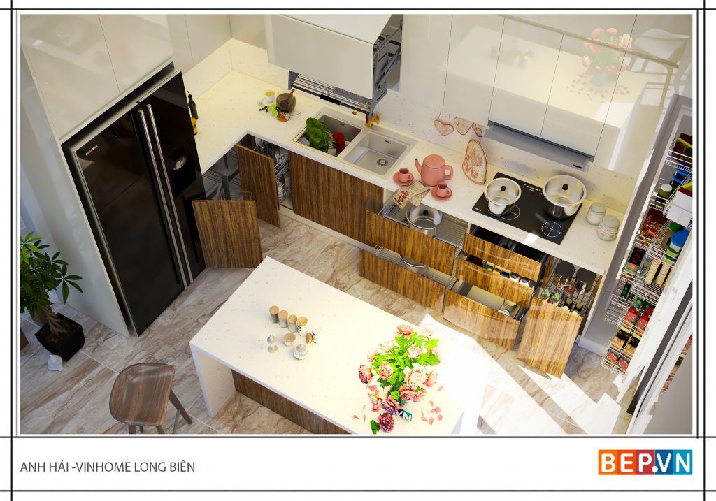 Mẫu tủ bếp có đá ốp tường bếp và đá ốp mặt bàn bếp thẩm mỹ cao.