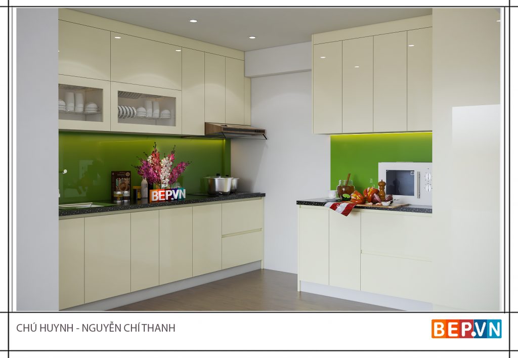 Ánh sáng đèn hắt vào kính cường lực khiến nhà bếp độc đáo hơn