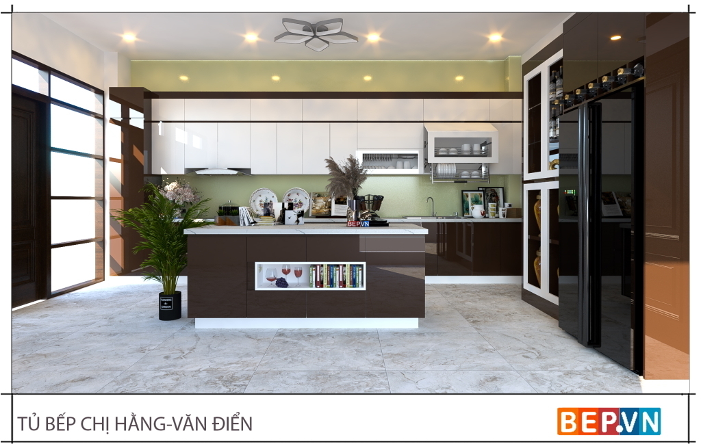 Thiết kế tủ bếp acrylic thẳng có bàn đảo gia đình chị Hằng - Bepvn