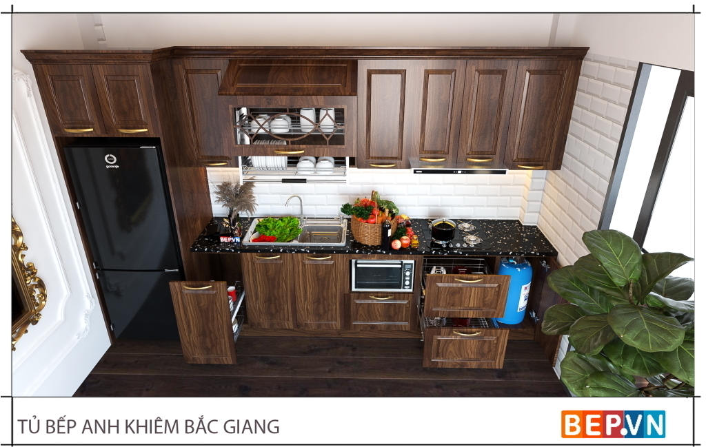 Tủ bếp gỗ sồi mỹ gia đình anh Khiêm - bắc giang dài 3m bao gồm cả tủ lạnh bep.vn