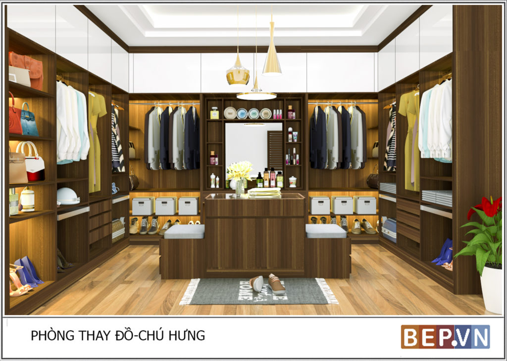 Thiết kế tủ quần áo không cánh cho phòng thay đồ rộng