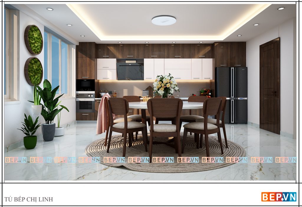 thiết kế tủ bếp với sự kết hợp của hai chất liệu acrylic và laminate