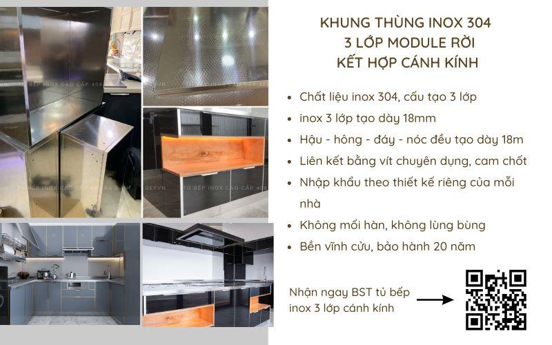 thùng tủ bếp inox 3 lớp module kết hợp cánh kính cường lực