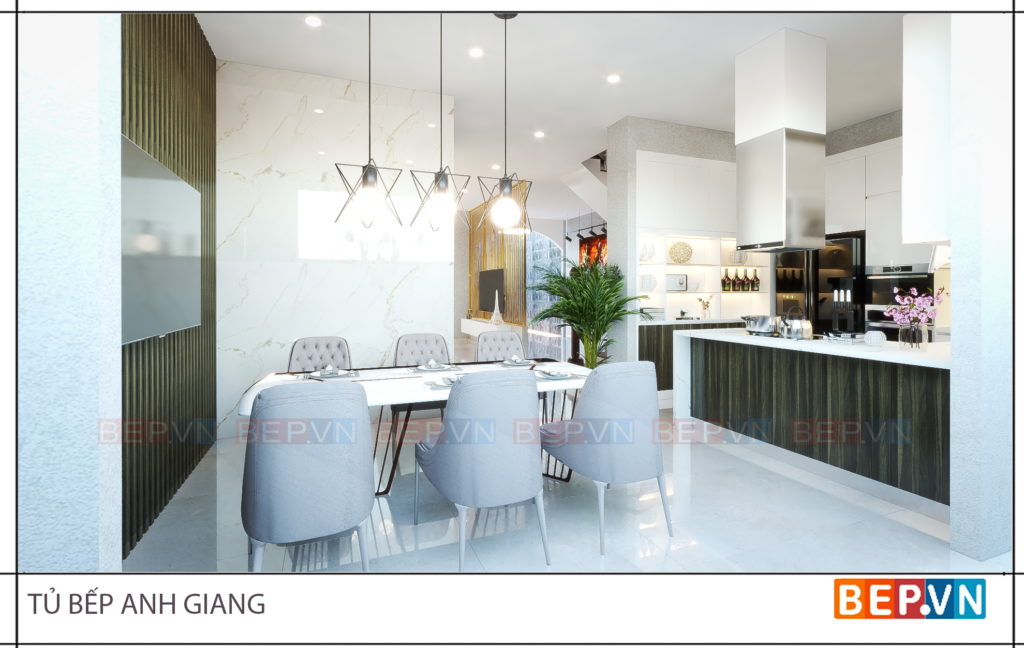 thiết kế tủ bếp gỗ công nghiệp với hai chất liệu Acrylic và Laminate