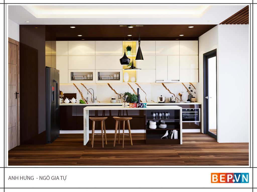 Tủ bếp đẹp nhà anh Hưng với đảo bếp độc đáo