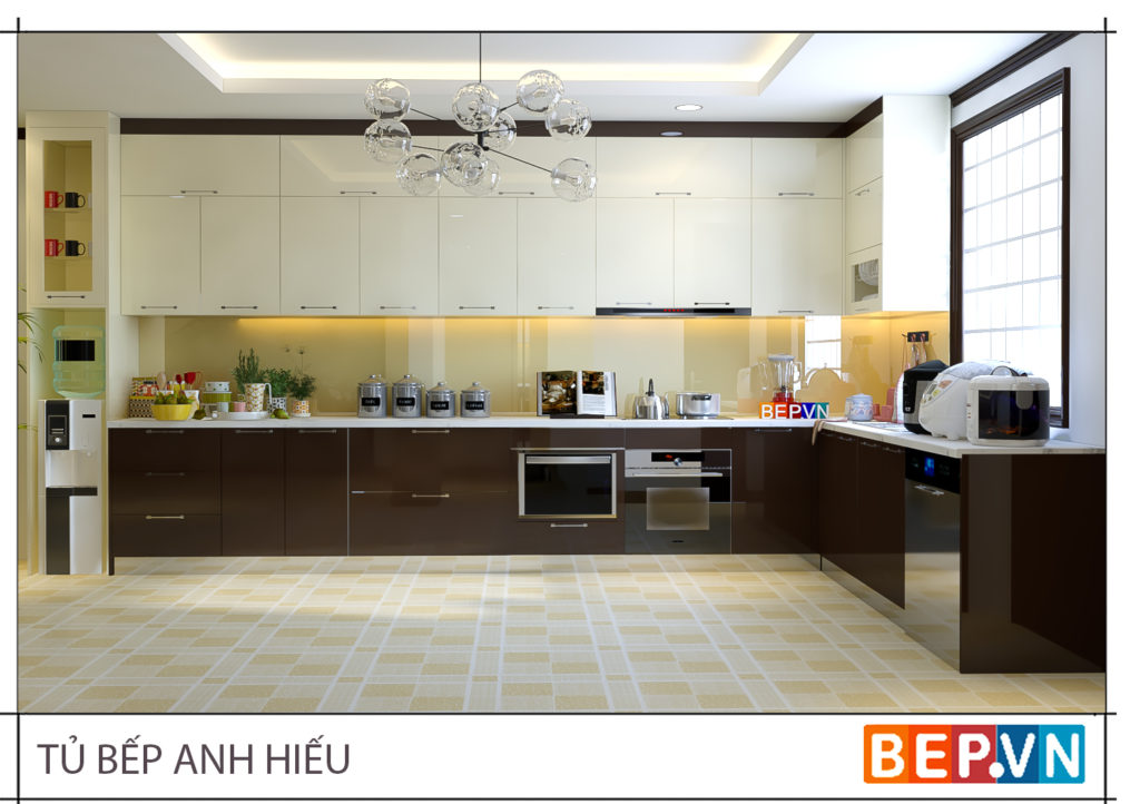Hệ thống đèn chiếu sáng cũng trở thành điểm nhấn cho phòng bếp