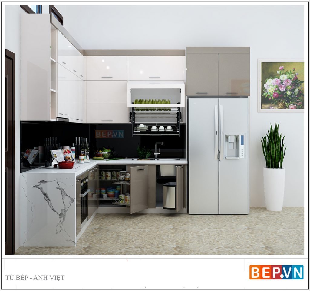Thiết kế tủ bếp Acrylic chữ L gia đình anh Việt.