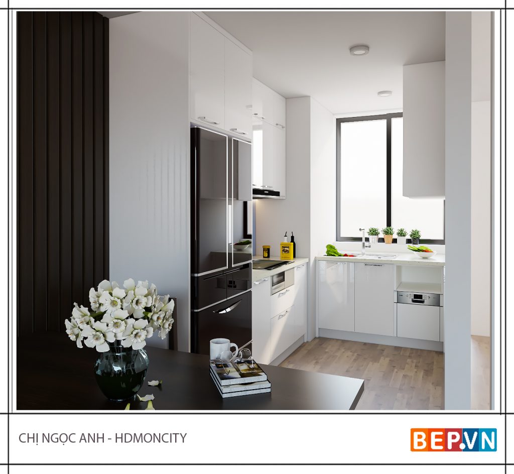 Thiết kế tủ bếp Acrylic chữ L gia đình chị Ngọc Anh.