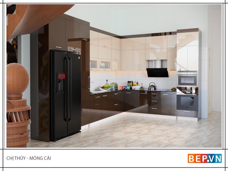 Tủ bếp Acrylic chữ L gia đình chị Thủy - Móng Cái