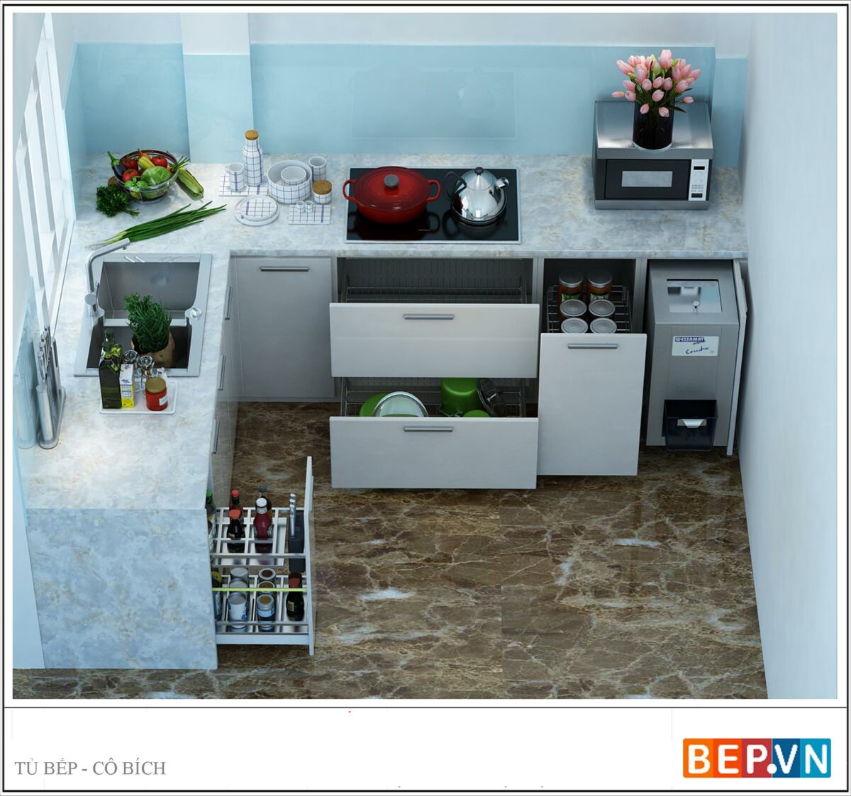 Tủ bếp Acrylic chữ L gia đình cô Bích