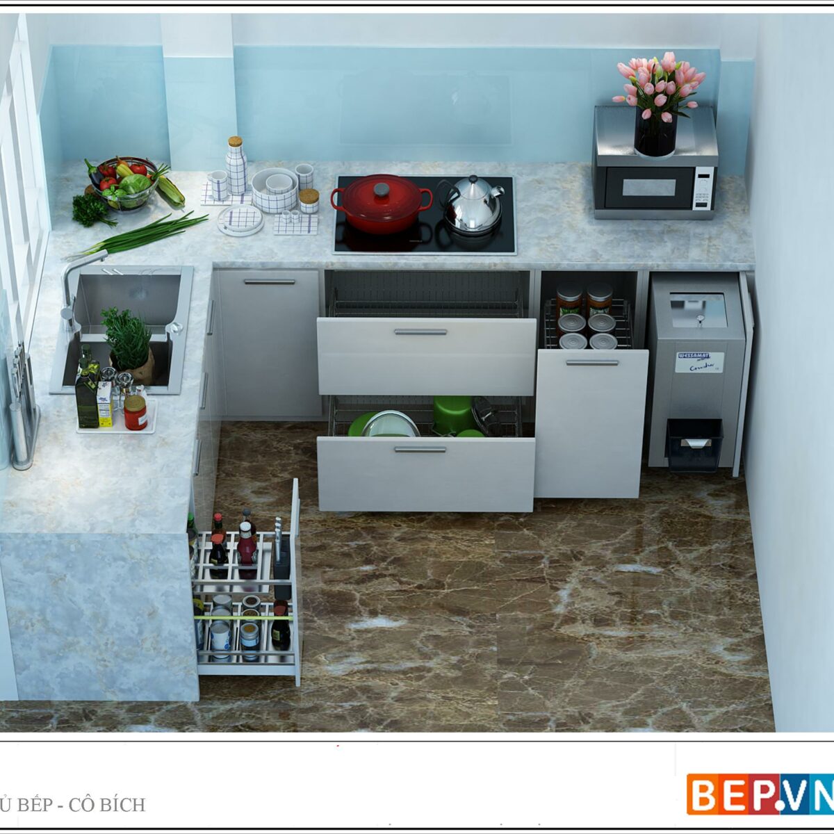 Tủ bếp Acrylic chữ L gia đình cô Bích