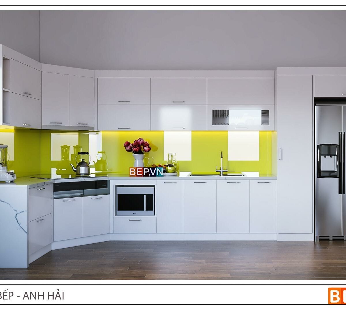 Tủ bếp Acrylic chữ L gia đình anh Hải