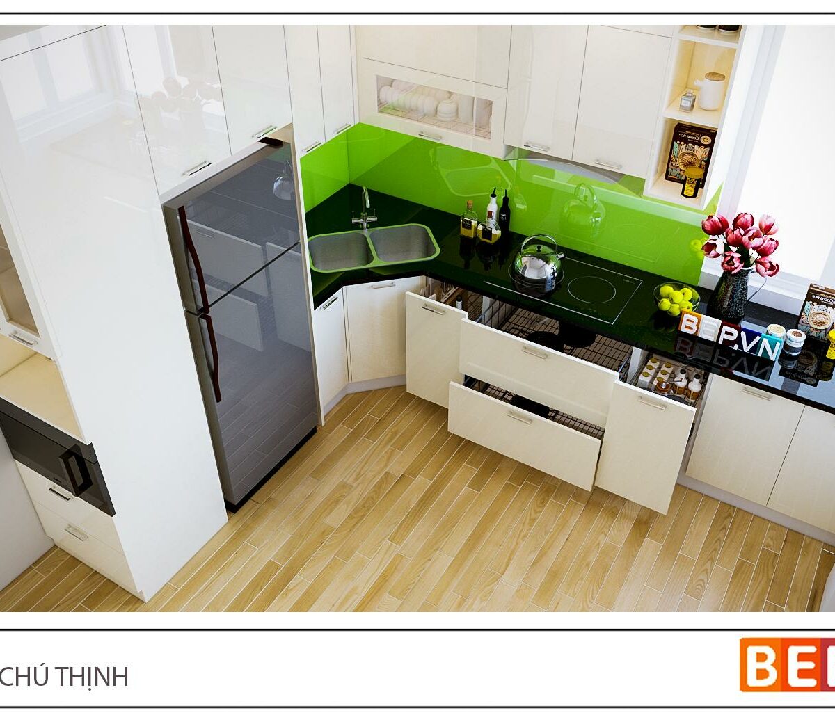 Tủ bếp Acrylic chữ L gia đình chú Thịnh