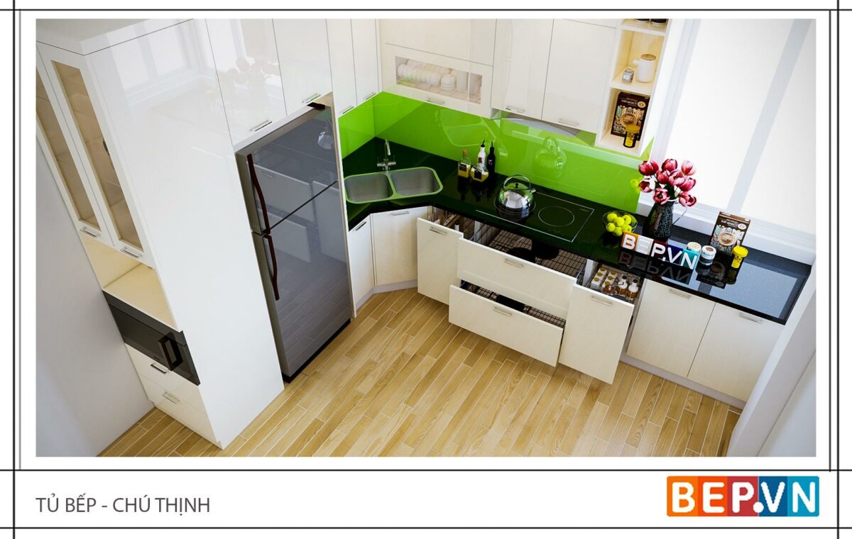 Tủ bếp Acrylic chữ L gia đình chú Thịnh