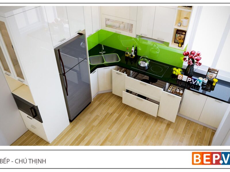 Tủ bếp Acrylic chữ L gia đình chú Thịnh